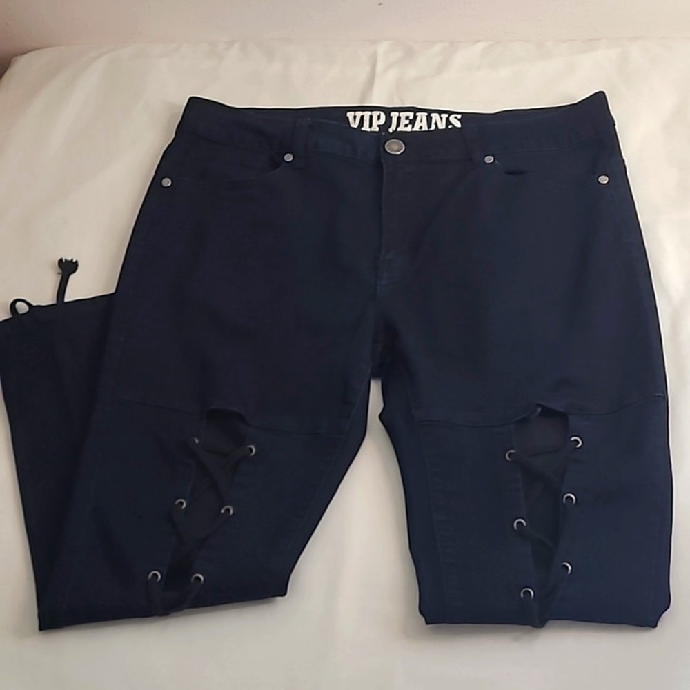 VIP Lace Up Skinny High Stretch Jeans Size 17/18 Very Dark Blue